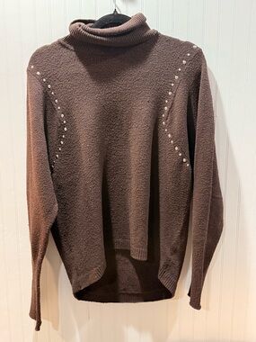 Jennifer Lopez Brown Turtleneck Sweater with Stud Accents